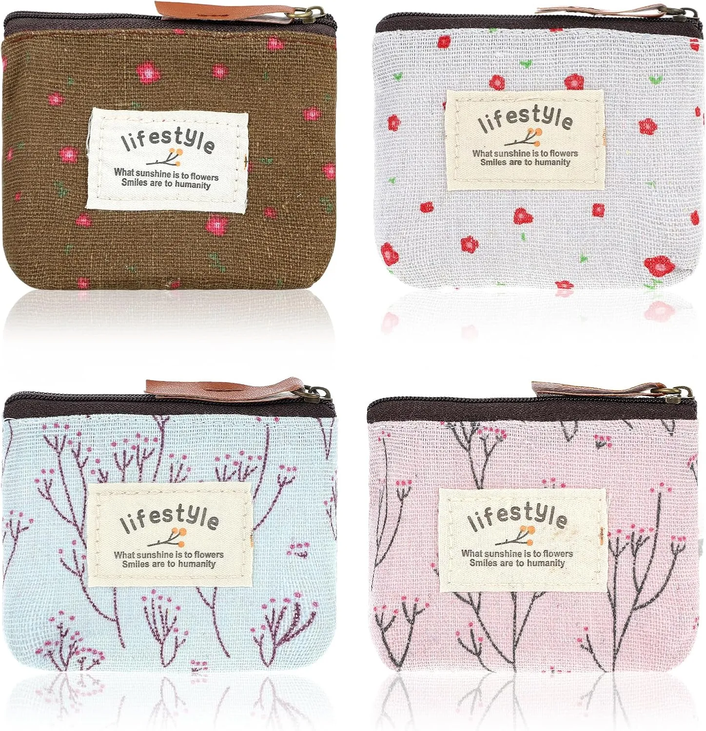 4Pcs Mini Makeup Bag, Linen Floral Pouch for Purse Small Cosmetic Bag with Zipper Portable Toiletry Organizer Cute Coin Purse Storage Pouch Bag Fabric Cosmetic Pouch for Girl Women