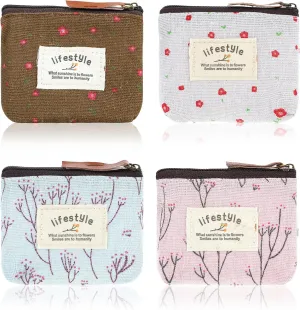 4Pcs Mini Makeup Bag, Linen Floral Pouch for Purse Small Cosmetic Bag with Zipper Portable Toiletry Organizer Cute Coin Purse Storage Pouch Bag Fabric Cosmetic Pouch for Girl Women
