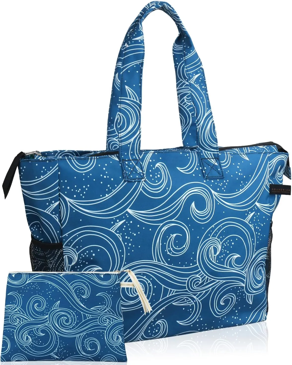 ABAMERICA Beach Bags Waterproof Sandproof Beach Tote Pool Bag with Zipper 7 Pockets Cosmetic Bag, Large Self Standing