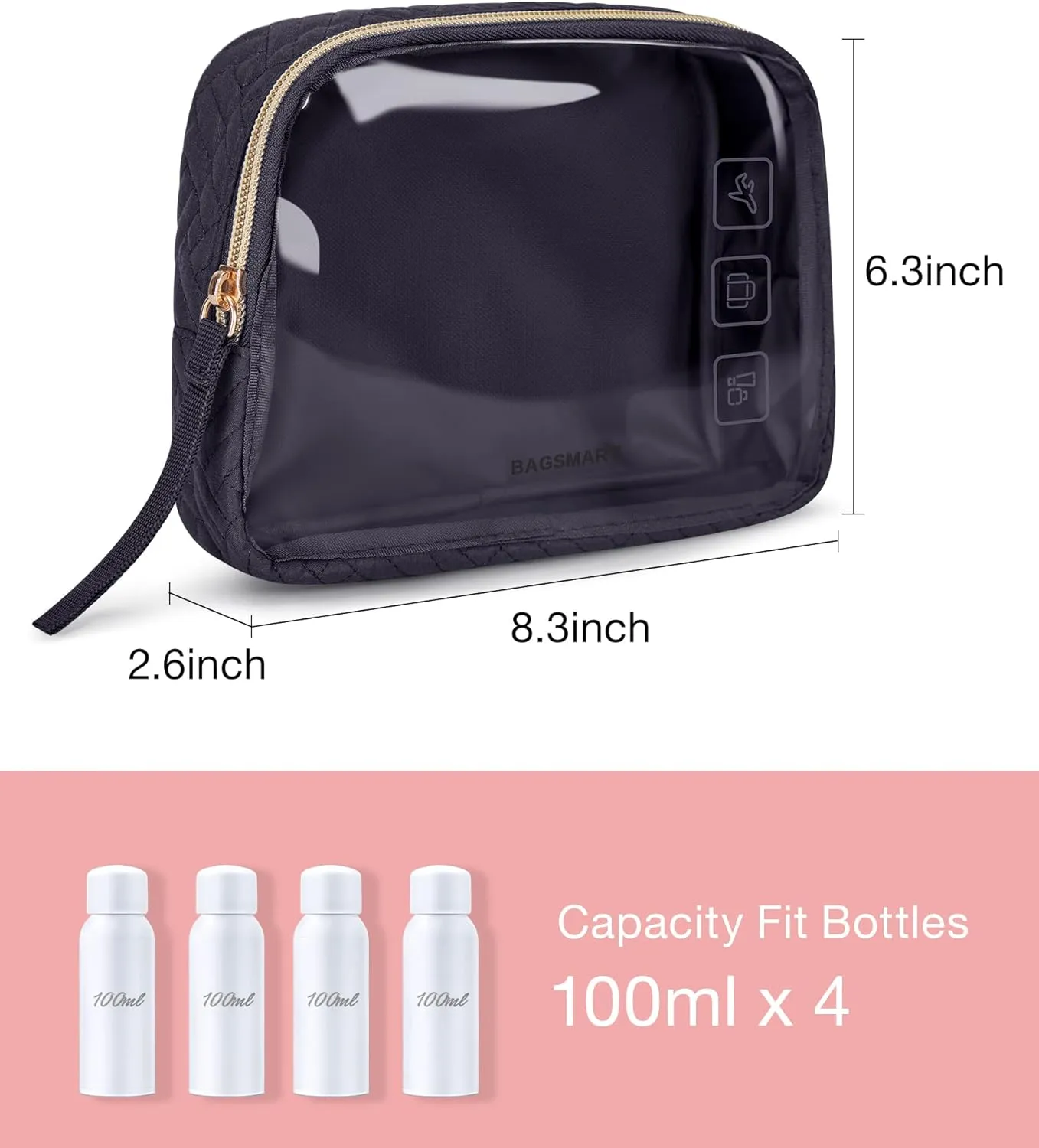 BAGSMART TSA Approved Toiletry Bag, 2 Pack Clear Makeup Cosmetic Bag Organizer, Quart Size Travel Bag for Toiletries, Carry-on Travel Accessories Essentials - Black