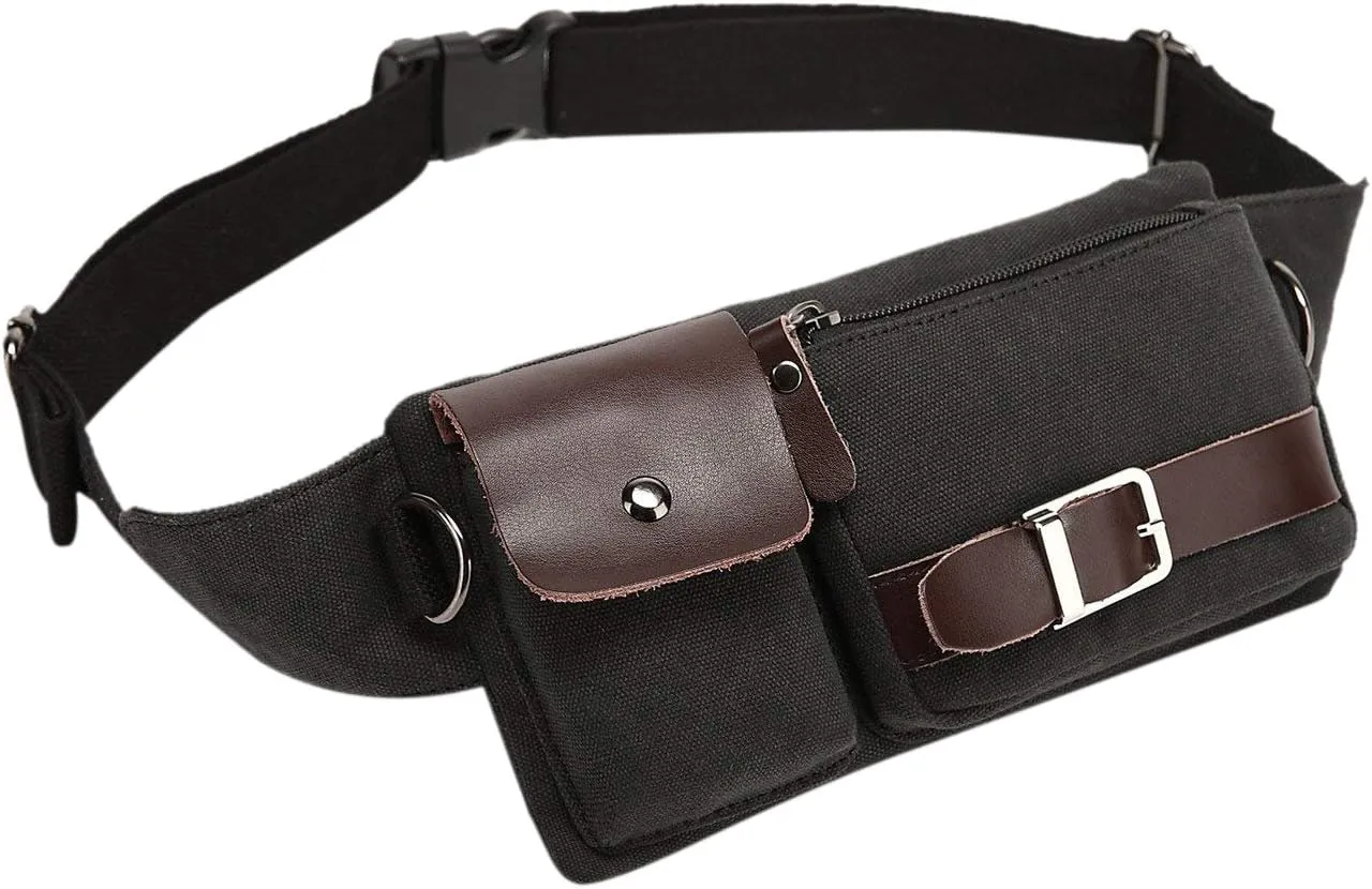 BAOSHA YB-01 Vintage Men's Waist Bag Sports Waist Pack Bum Bag Security Money Waist Day Pack Pouch Hip Belt Bag Bumbag Black