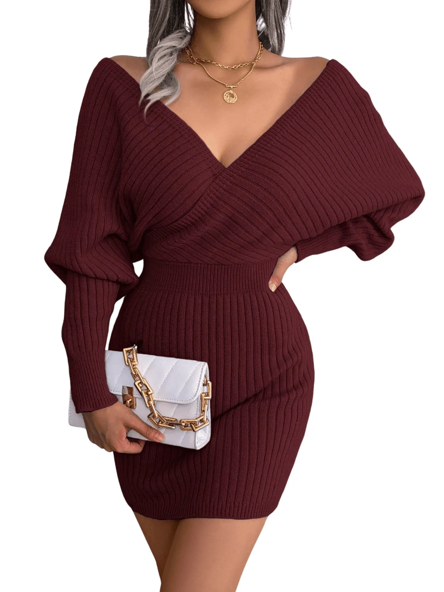 Bodycon Mini Sweater Dresses For Women 2025 Casual Long Sleeve Knit Dress
