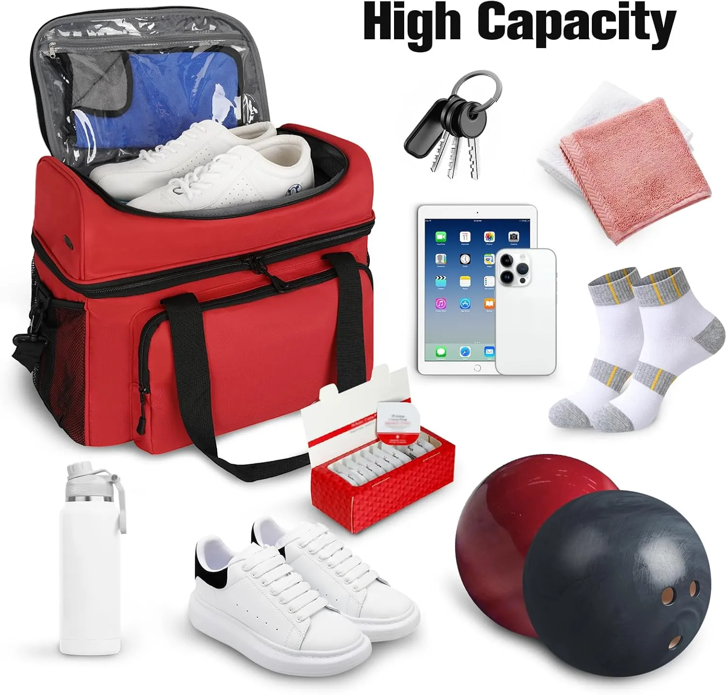 Bowling Ball Bag with Double Ball Holder - Fits Bowling Shoes Up to Mens Size 16