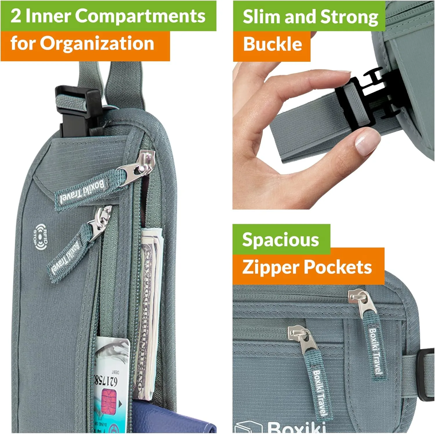 Boxiki Travel Money Belt with RFID Sleeves Set - Secure Travel Pouch and RFID Card Holder to Protect Cash, Credit Cards and Travel Documents for Men and Women