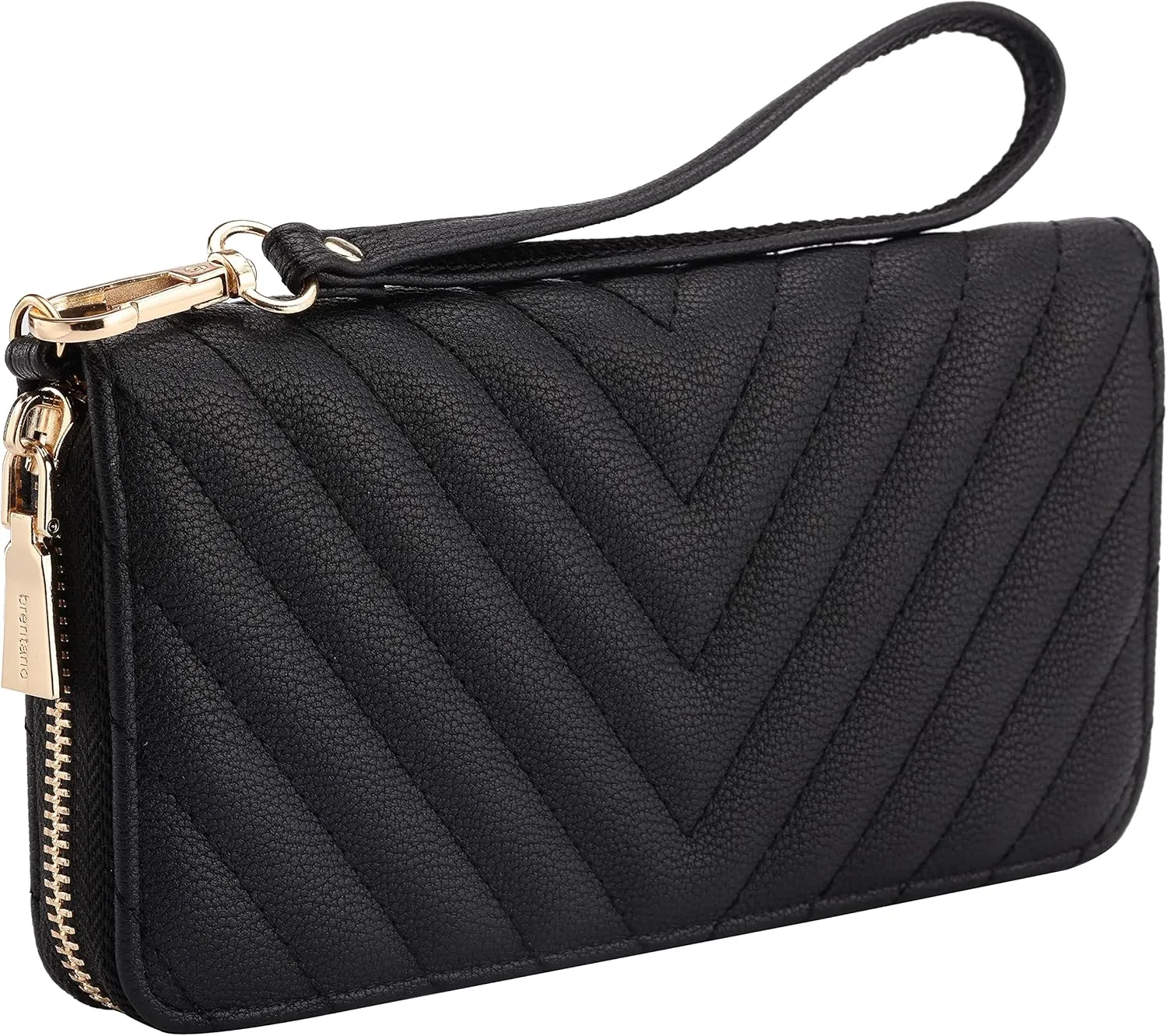 Brentano Vegan Leather Slim Single-Zipper Chevron Embroidered Wallet Clutch with Removable Wrist Strap (BLACK)