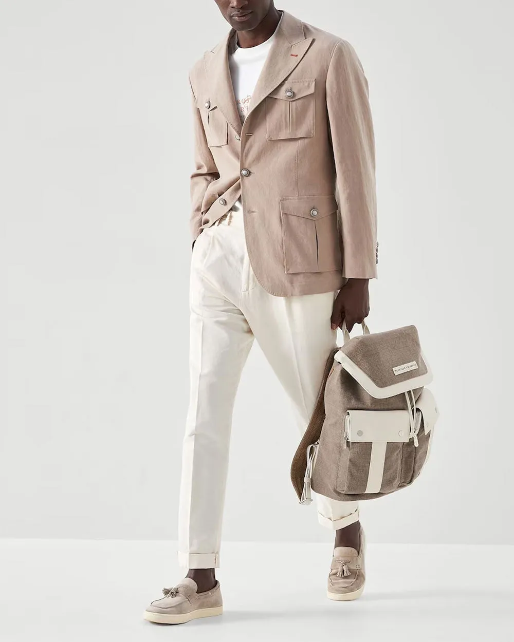 Brown and Cream Canvas and Grained Calfskin Leisure Backpack