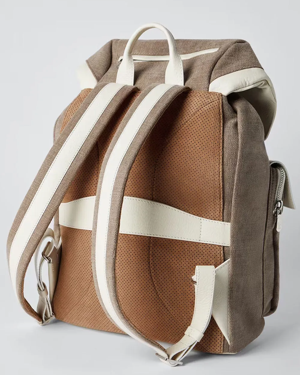 Brown and Cream Canvas and Grained Calfskin Leisure Backpack