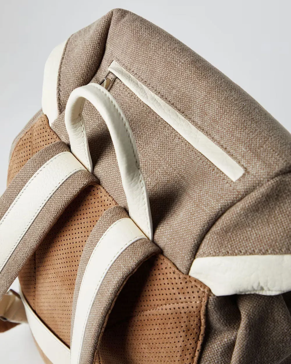 Brown and Cream Canvas and Grained Calfskin Leisure Backpack