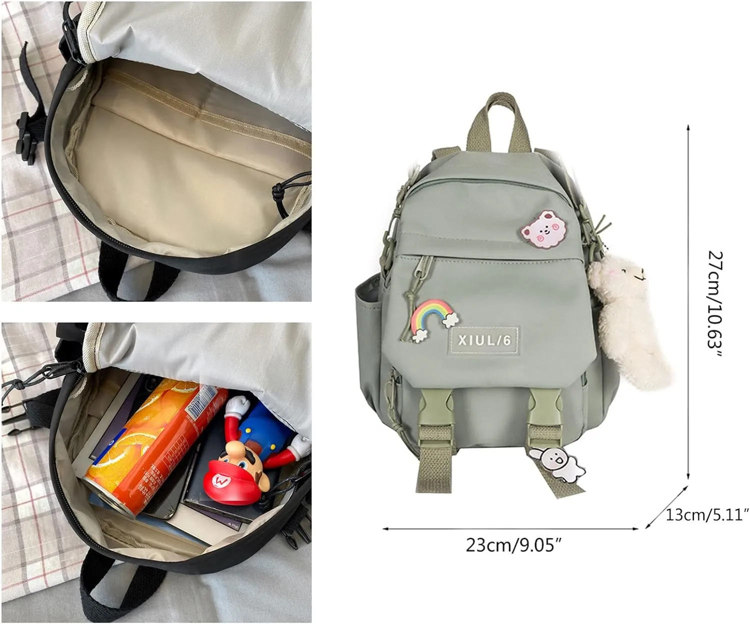 Cute Mini Backpack with Kawaii Cow Pendant, Green, for School