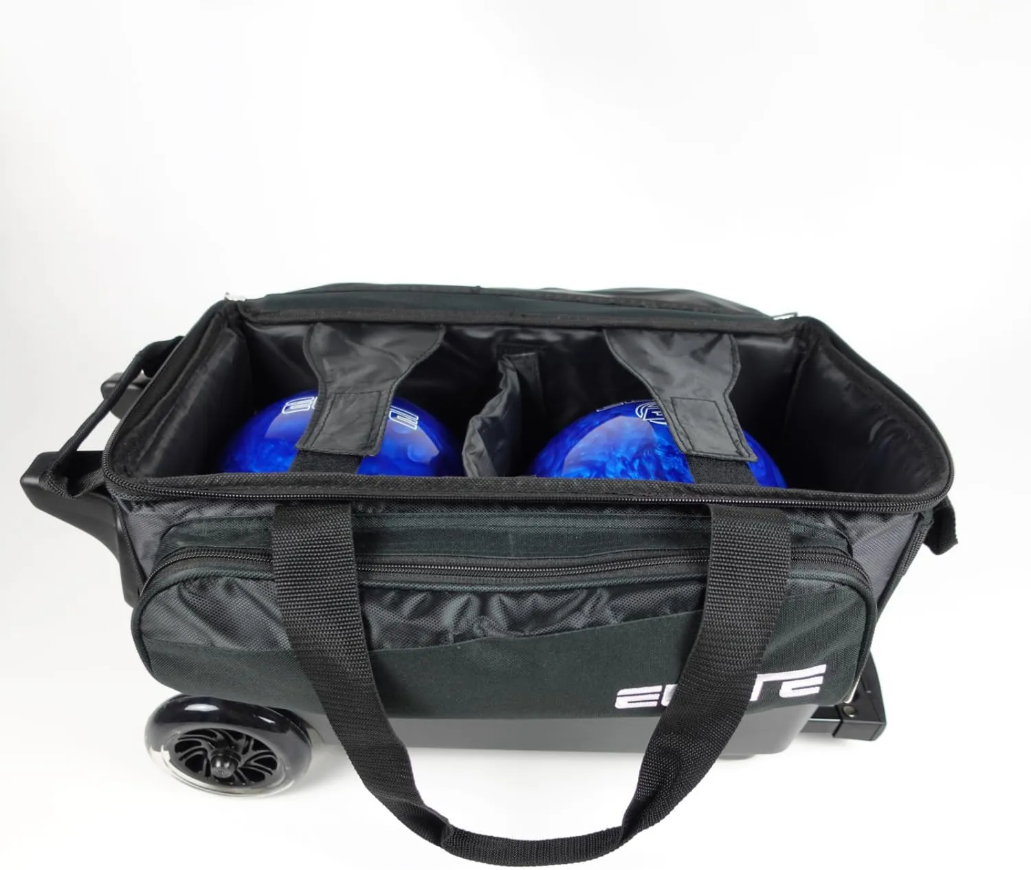 ELITE Deluxe 2 Ball Bowling Bag with 5" Smooth Wheels - Large Accessory Pocket, Shoe Compartment, 36" Extendable Handle