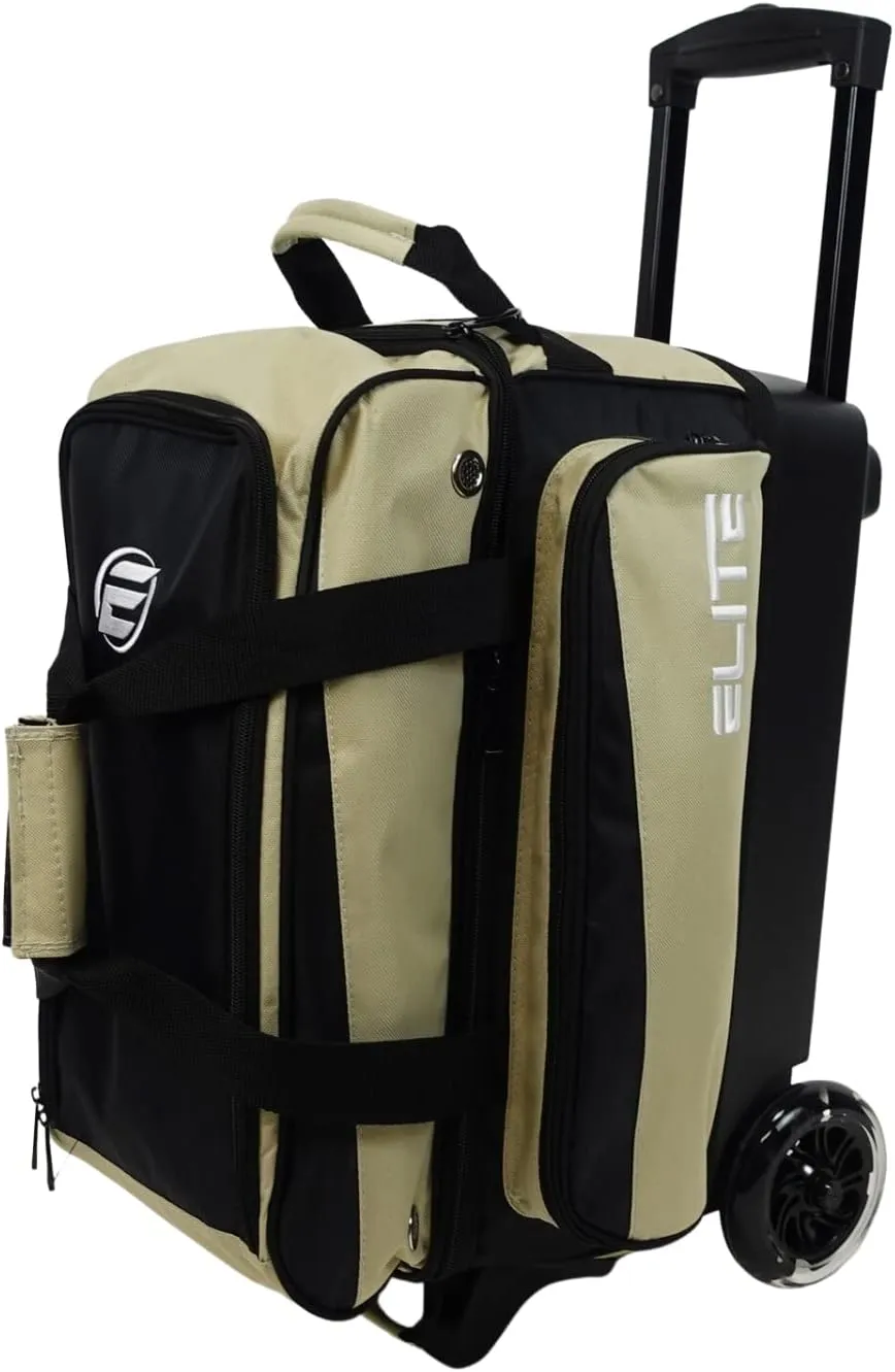 ELITE Deluxe 2 Ball Bowling Bag with 5" Smooth Wheels - Large Accessory Pocket, Shoe Compartment, 36" Extendable Handle