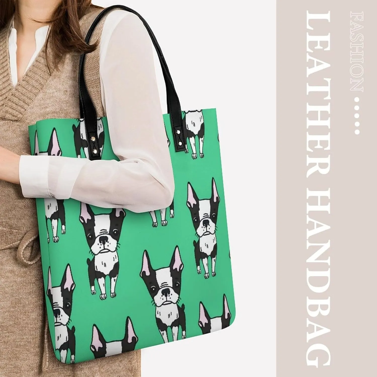 Green Boston Terrier Dogs Fashionable All Printed Leather Handbag Unisex