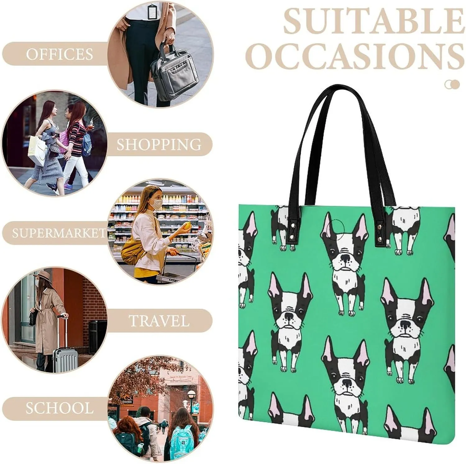 Green Boston Terrier Dogs Fashionable All Printed Leather Handbag Unisex