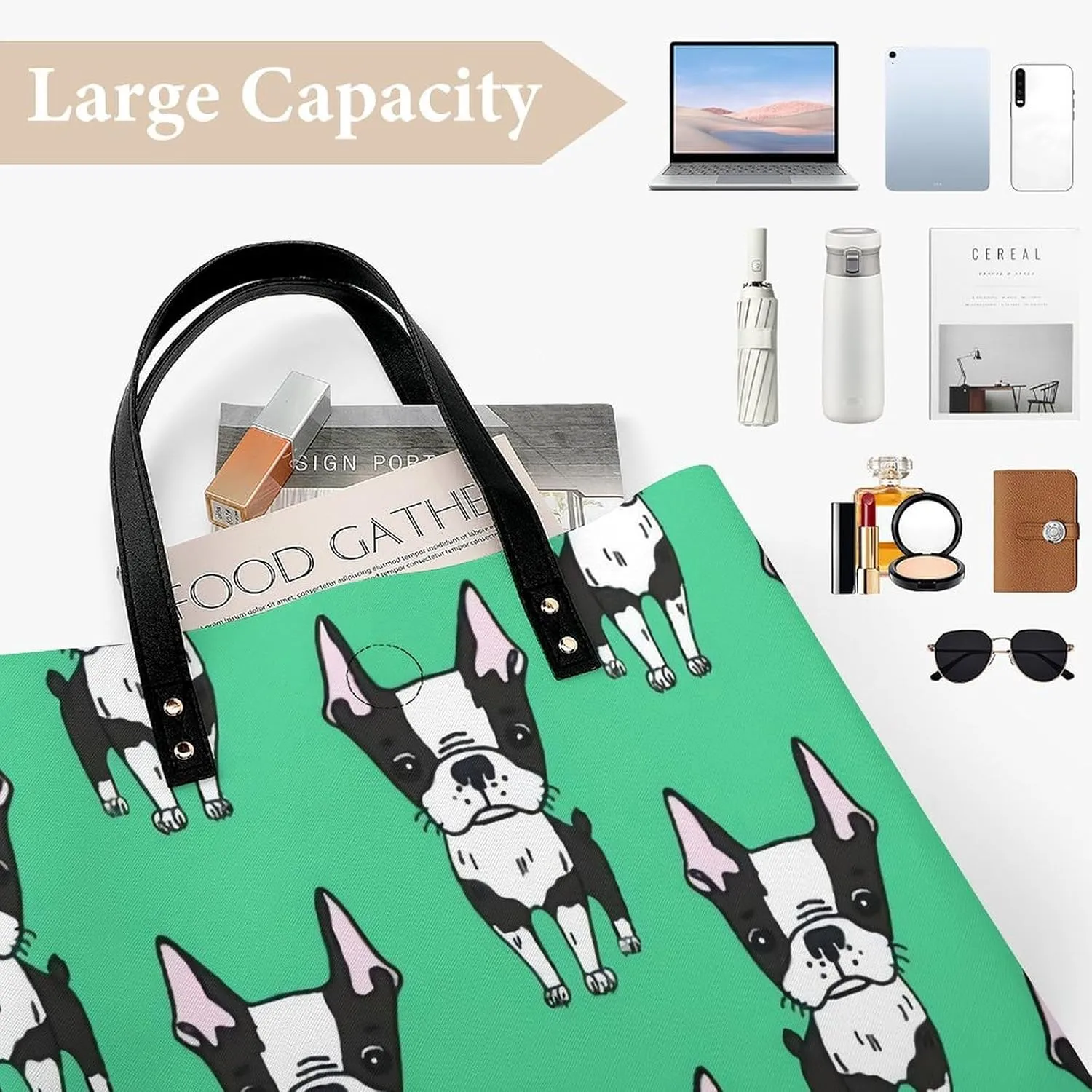 Green Boston Terrier Dogs Fashionable All Printed Leather Handbag Unisex