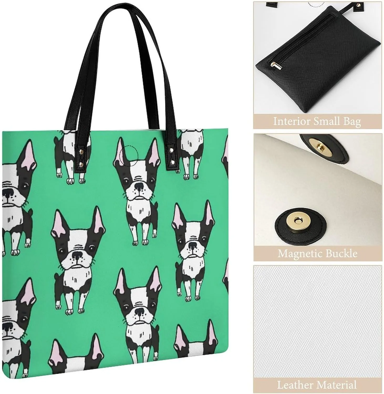 Green Boston Terrier Dogs Fashionable All Printed Leather Handbag Unisex
