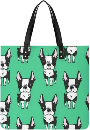 Green Boston Terrier Dogs Fashionable All Printed Leather Handbag Unisex