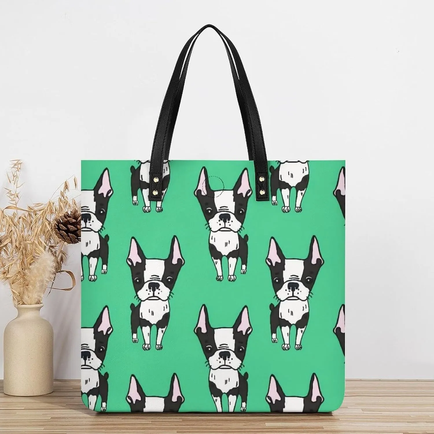 Green Boston Terrier Dogs Fashionable All Printed Leather Handbag Unisex
