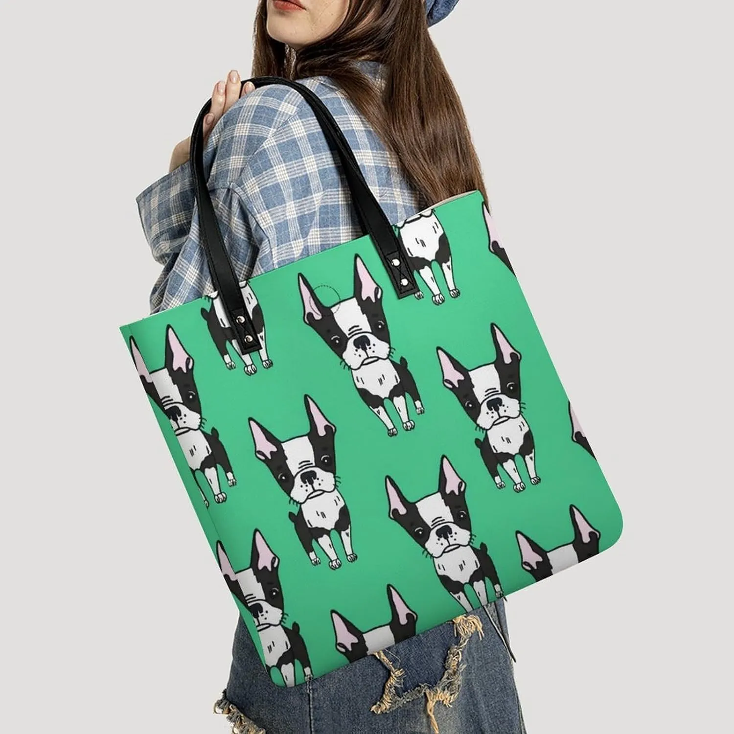 Green Boston Terrier Dogs Fashionable All Printed Leather Handbag Unisex