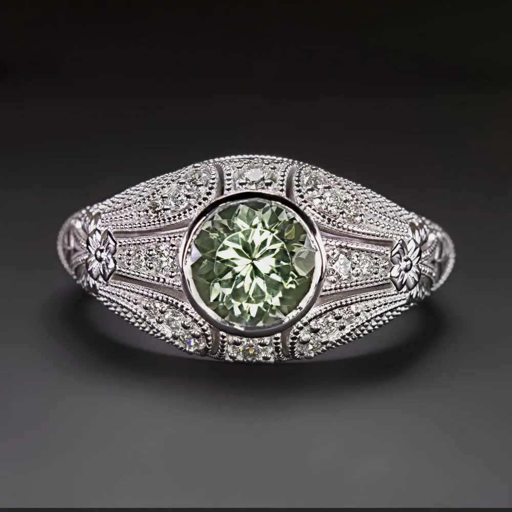 GREEN TOURMALINE DIAMOND VINTAGE STYLE COCKTAIL RING DOME FLORAL 14k WHITE GOLD