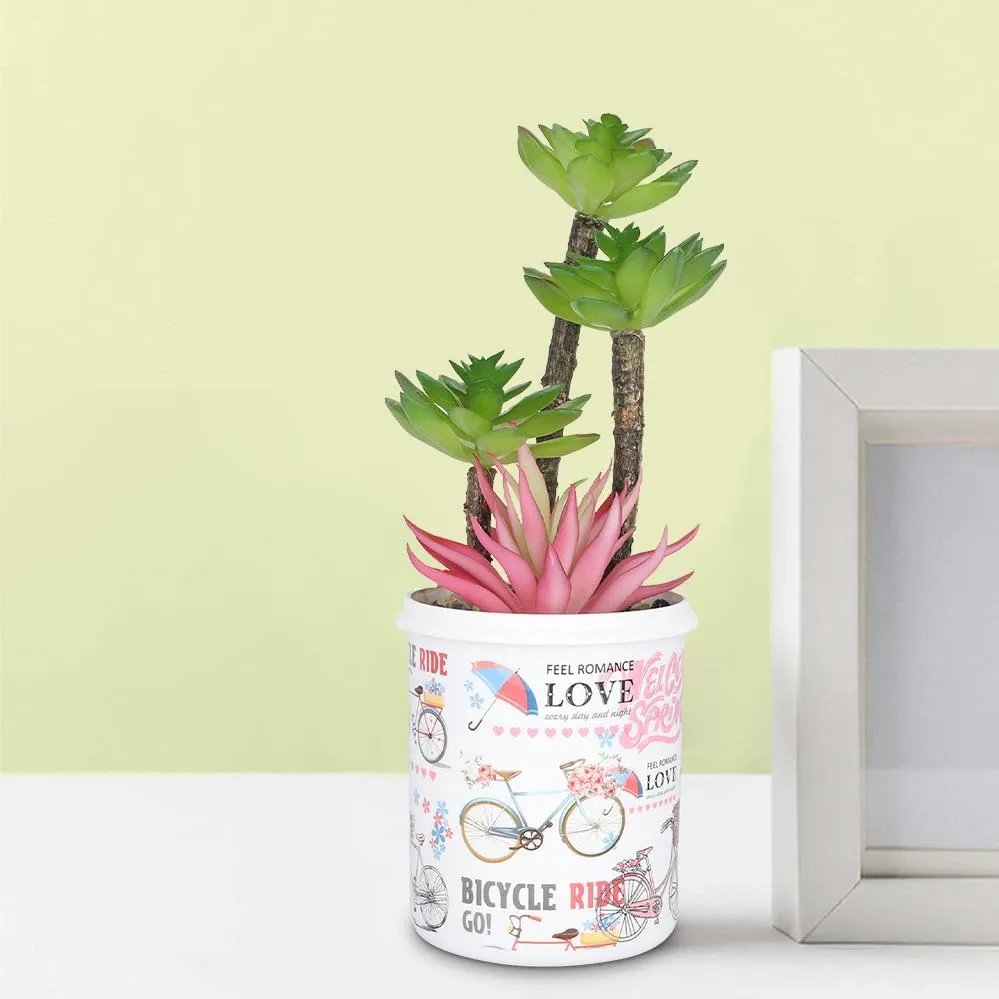 Kuber Industries Artificial Plants for Home D�cor|Natural Looking Indoor Fake Plants with Pot|Artificial Flowers for Decoration-Pack of 6 (Pink & Green)
