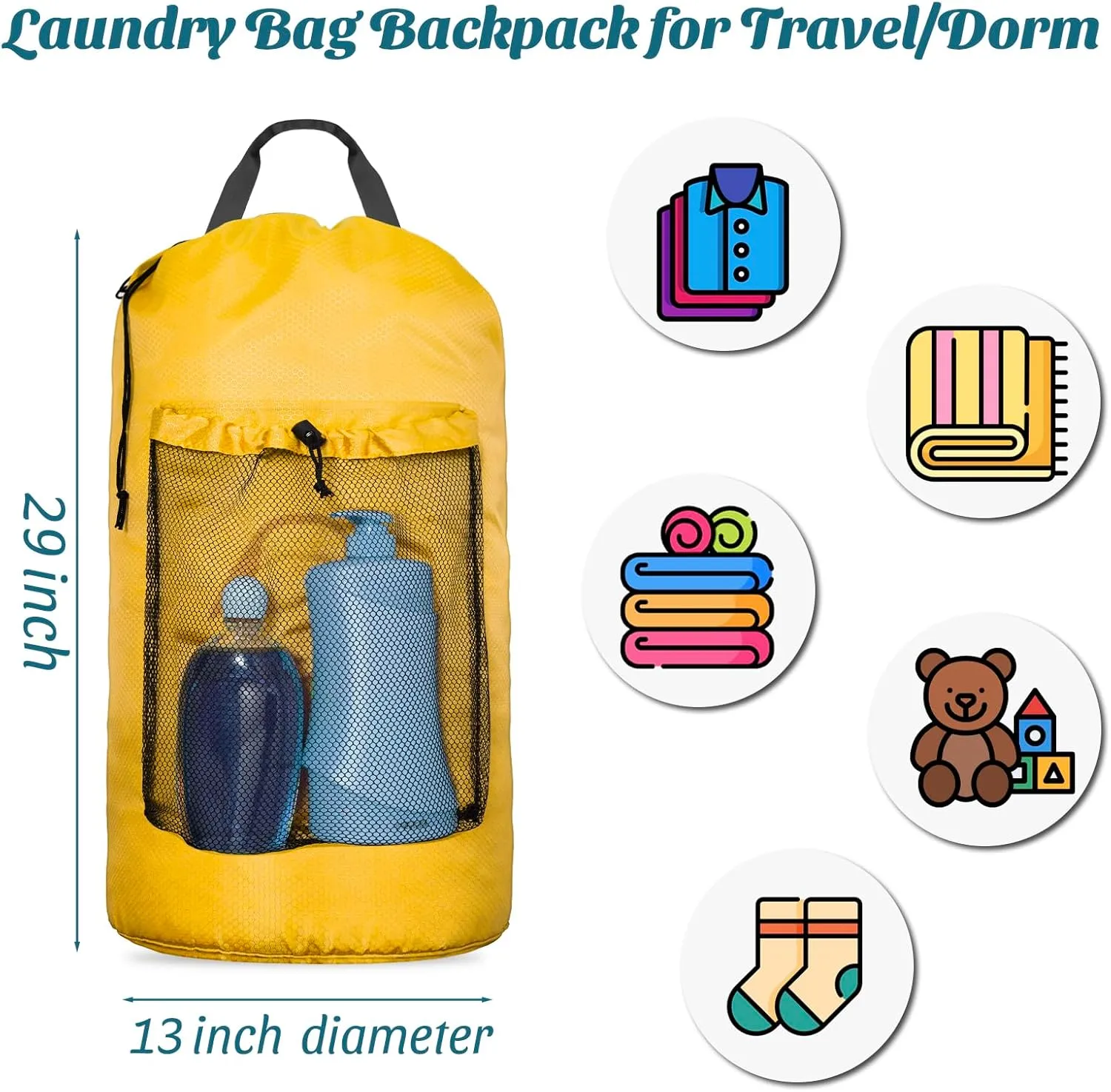 Laundry Bag Backpack Large Travel Laundry Bag with Mesh Pocket & Adjustable Shoulder Straps Portable Backpack Laundry Bag for College Dorm, Apartment, Yellow