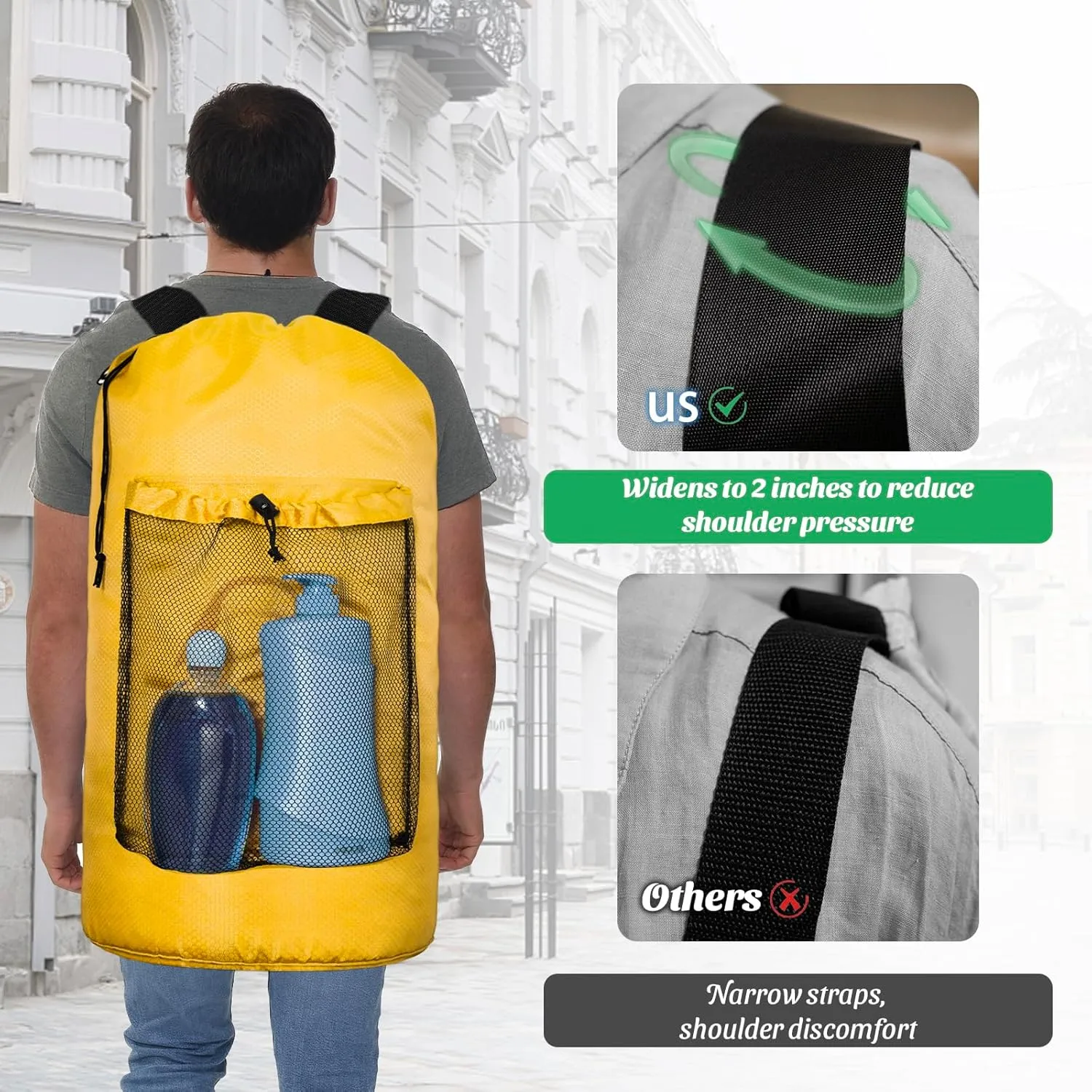 Laundry Bag Backpack Large Travel Laundry Bag with Mesh Pocket & Adjustable Shoulder Straps Portable Backpack Laundry Bag for College Dorm, Apartment, Yellow