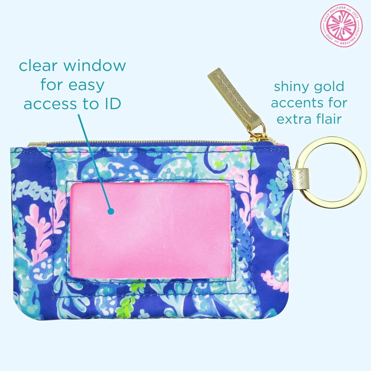 Lilly Pulitzer ID Holder Wallet, Blue Keychain Wallet with Zip Close, Cute Card and ID Case for Women, Turtle Villa