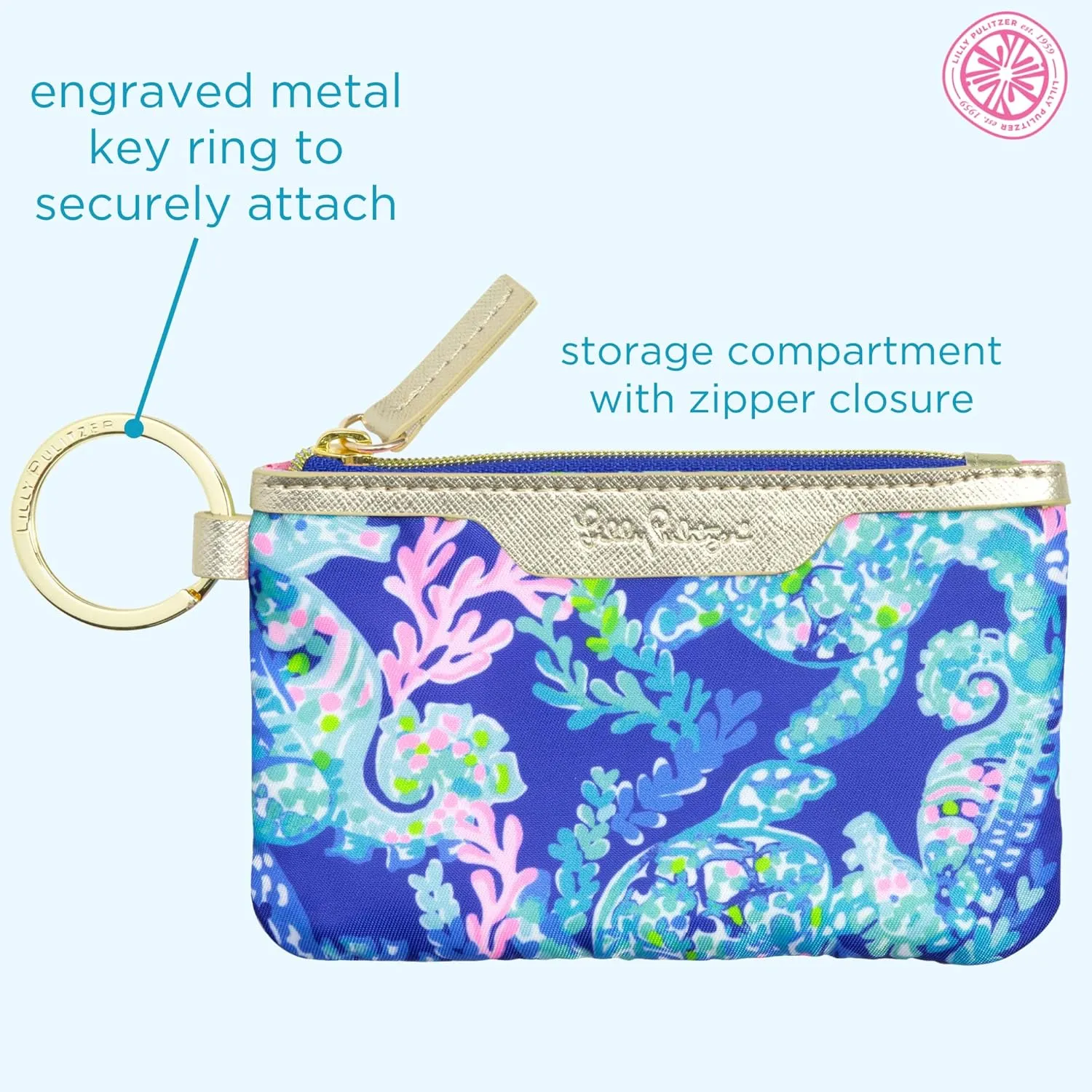 Lilly Pulitzer ID Holder Wallet, Blue Keychain Wallet with Zip Close, Cute Card and ID Case for Women, Turtle Villa