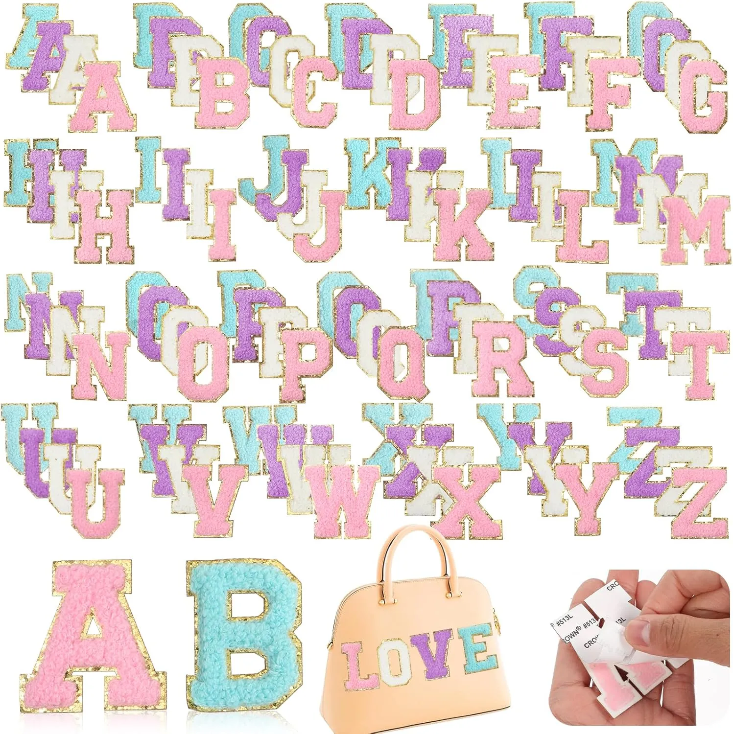 Molain 104 PCS Chenille Letter Patches Iron on Letters, Self Adhesive Patch Varsity Letters Chenille Embroidered Patches for Clothing, Hat and Backpack (White, Pink, Purple)