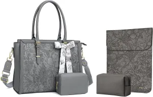 MOSISO 13 inch Laptop Sleeve Embossed Retro Hibiscus PU Leather Case with Small Bag&Laptop Tote Bag 17-17.3 inch PU Leather Front Embossed Retro Hibiscus Bag with Silk Scarf&Clutch Purse, Gray