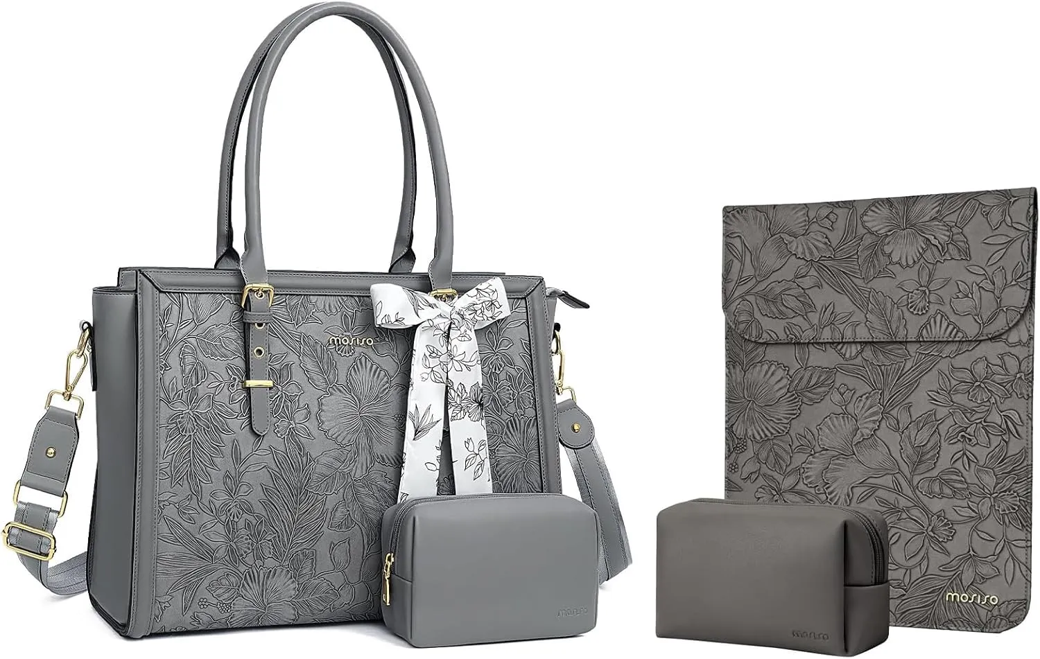 MOSISO 13 inch Laptop Sleeve Embossed Retro Hibiscus PU Leather Case with Small Bag&Laptop Tote Bag 17-17.3 inch PU Leather Front Embossed Retro Hibiscus Bag with Silk Scarf&Clutch Purse, Gray
