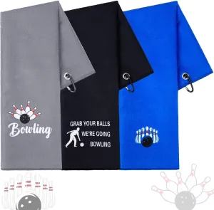 Newwiee 3 Pcs Bowling Towel Grab Your Ball We're Going Ball Towel for Bags with Clip Bowling Gifts for Men Women Fans Christmas Birthday Gifts, Black Gray Blue