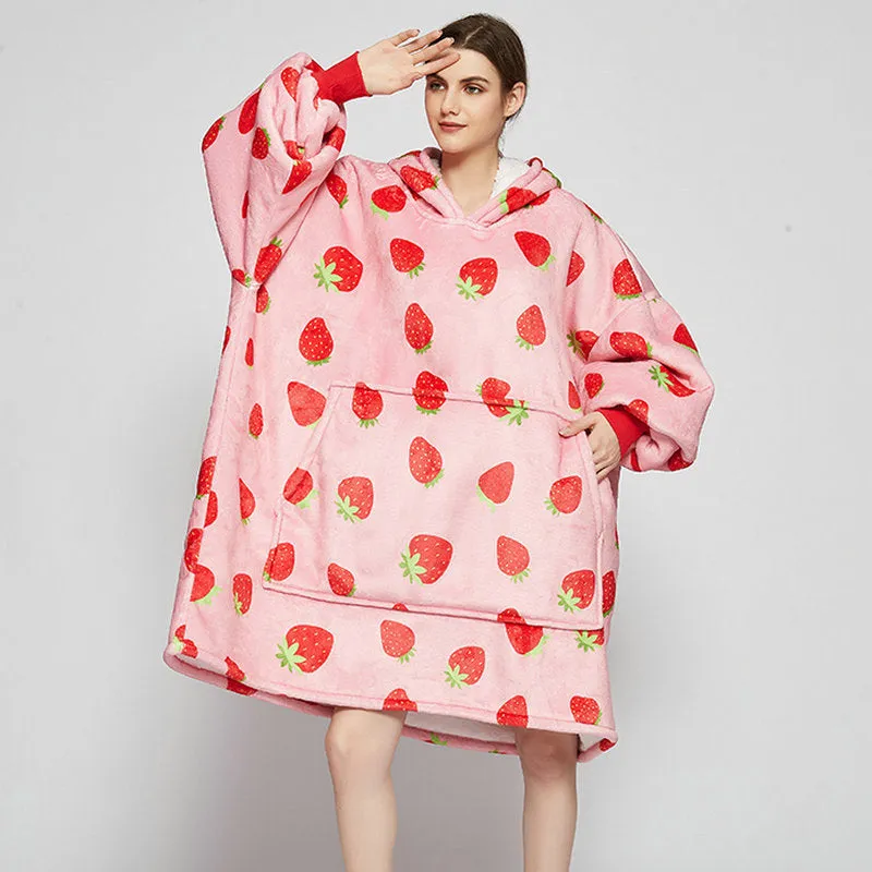 Oversized Wearable Blanket Hoodie Winter Cute Print Fleece Sleepwear Warm And Cozy Sofa Home wear | Brodtica.com