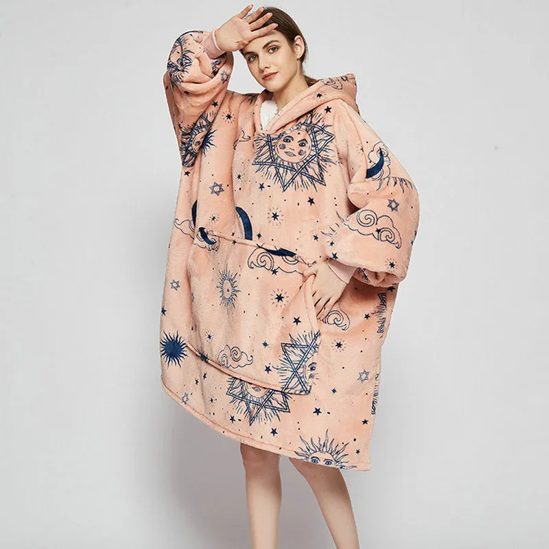 Oversized Wearable Blanket Hoodie Winter Cute Print Fleece Sleepwear Warm And Cozy Sofa Home wear | Brodtica.com