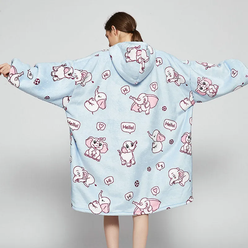 Oversized Wearable Blanket Hoodie Winter Cute Print Fleece Sleepwear Warm And Cozy Sofa Home wear | Brodtica.com