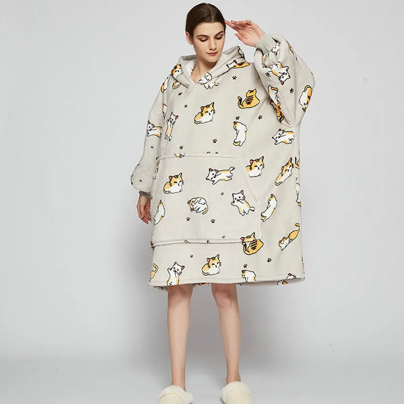 Oversized Wearable Blanket Hoodie Winter Cute Print Fleece Sleepwear Warm And Cozy Sofa Home wear | Brodtica.com