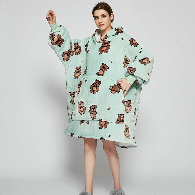 Oversized Wearable Blanket Hoodie Winter Cute Print Fleece Sleepwear Warm And Cozy Sofa Home wear | Brodtica.com