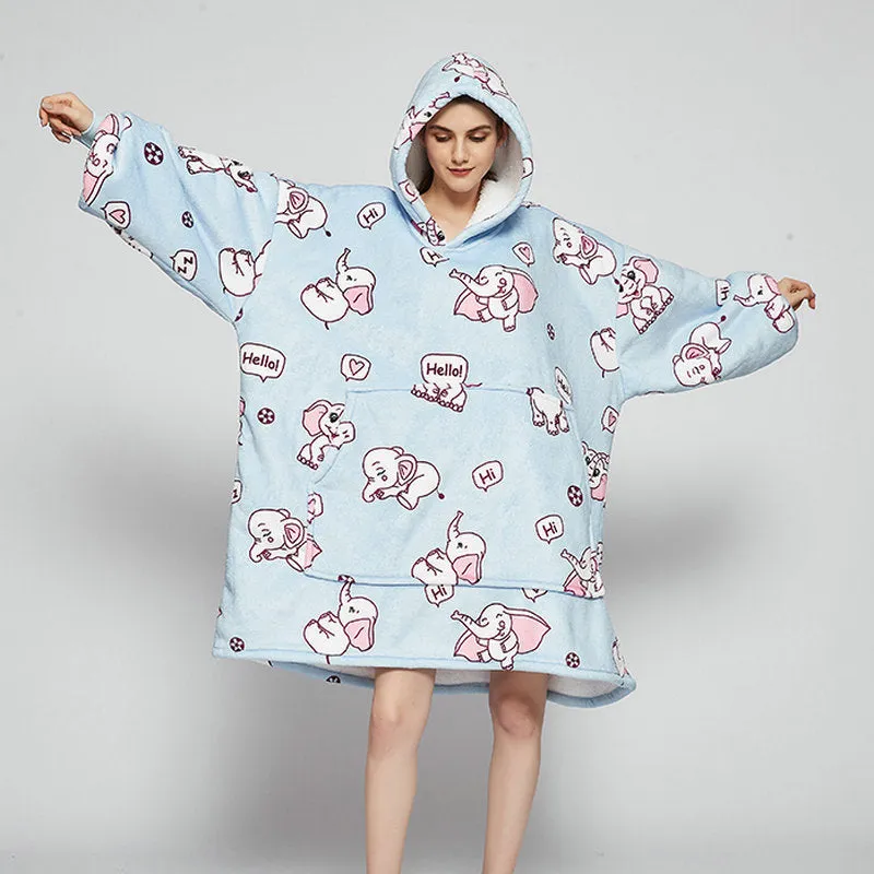 Oversized Wearable Blanket Hoodie Winter Cute Print Fleece Sleepwear Warm And Cozy Sofa Home wear | Brodtica.com