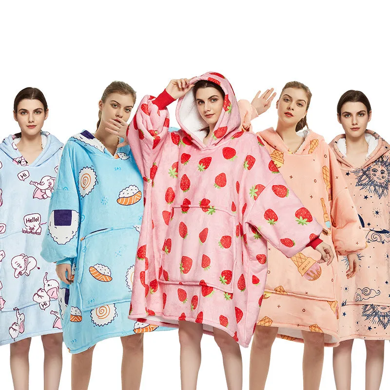 Oversized Wearable Blanket Hoodie Winter Cute Print Fleece Sleepwear Warm And Cozy Sofa Home wear | Brodtica.com