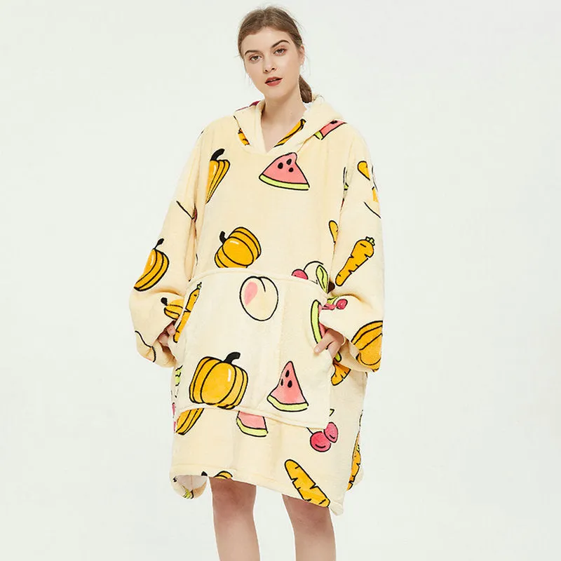 Oversized Wearable Blanket Hoodie Winter Cute Print Fleece Sleepwear Warm And Cozy Sofa Home wear | Brodtica.com