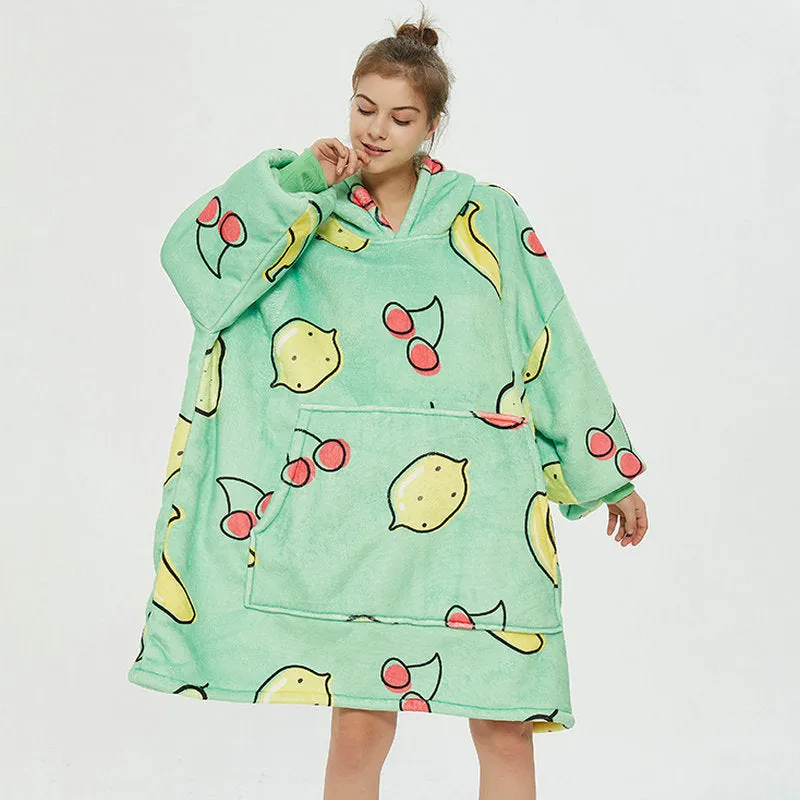 Oversized Wearable Blanket Hoodie Winter Cute Print Fleece Sleepwear Warm And Cozy Sofa Home wear | Brodtica.com