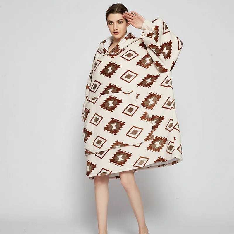 Oversized Wearable Blanket Hoodie Winter Cute Print Fleece Sleepwear Warm And Cozy Sofa Home wear | Brodtica.com