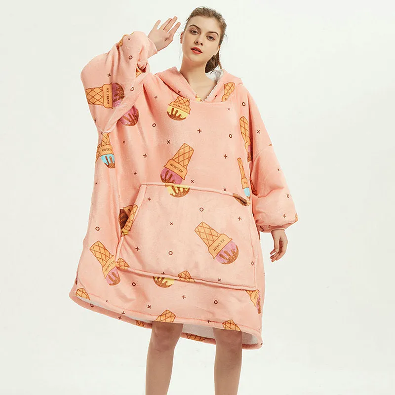 Oversized Wearable Blanket Hoodie Winter Cute Print Fleece Sleepwear Warm And Cozy Sofa Home wear | Brodtica.com