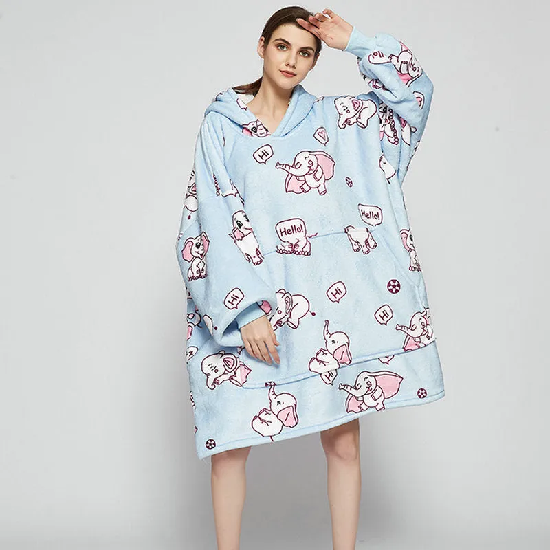 Oversized Wearable Blanket Hoodie Winter Cute Print Fleece Sleepwear Warm And Cozy Sofa Home wear | Brodtica.com