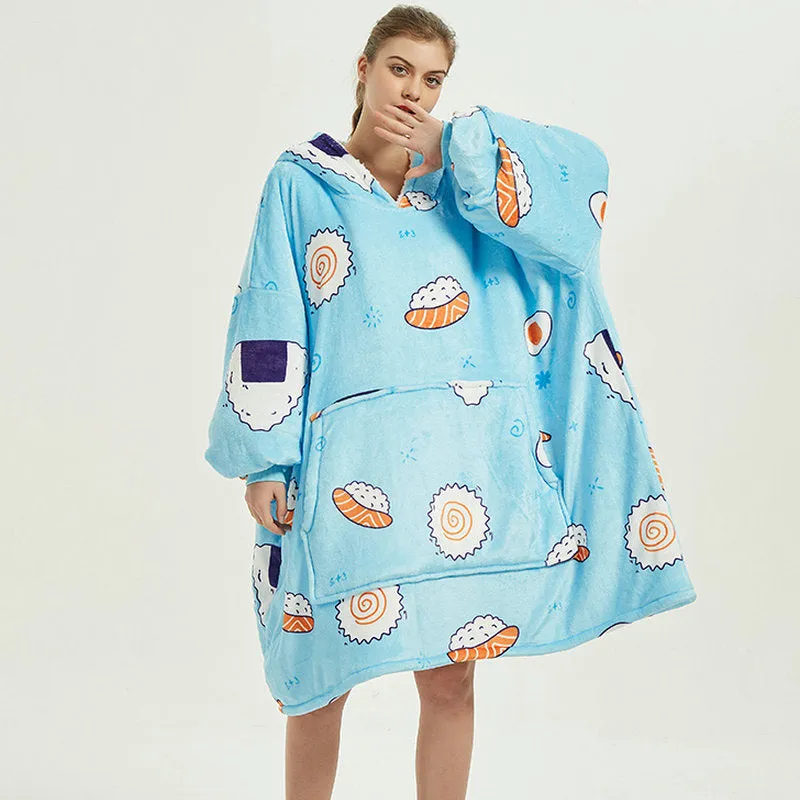 Oversized Wearable Blanket Hoodie Winter Cute Print Fleece Sleepwear Warm And Cozy Sofa Home wear | Brodtica.com