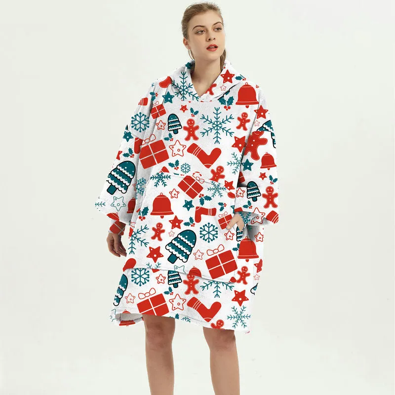 Oversized Wearable Blanket Hoodie Winter Cute Print Fleece Sleepwear Warm And Cozy Sofa Home wear | Brodtica.com
