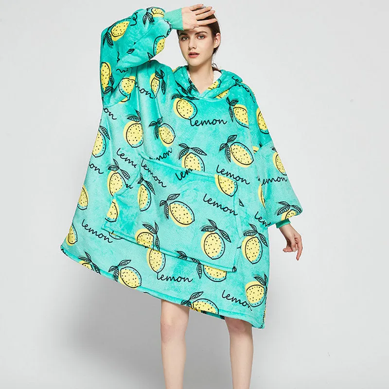 Oversized Wearable Blanket Hoodie Winter Cute Print Fleece Sleepwear Warm And Cozy Sofa Home wear | Brodtica.com