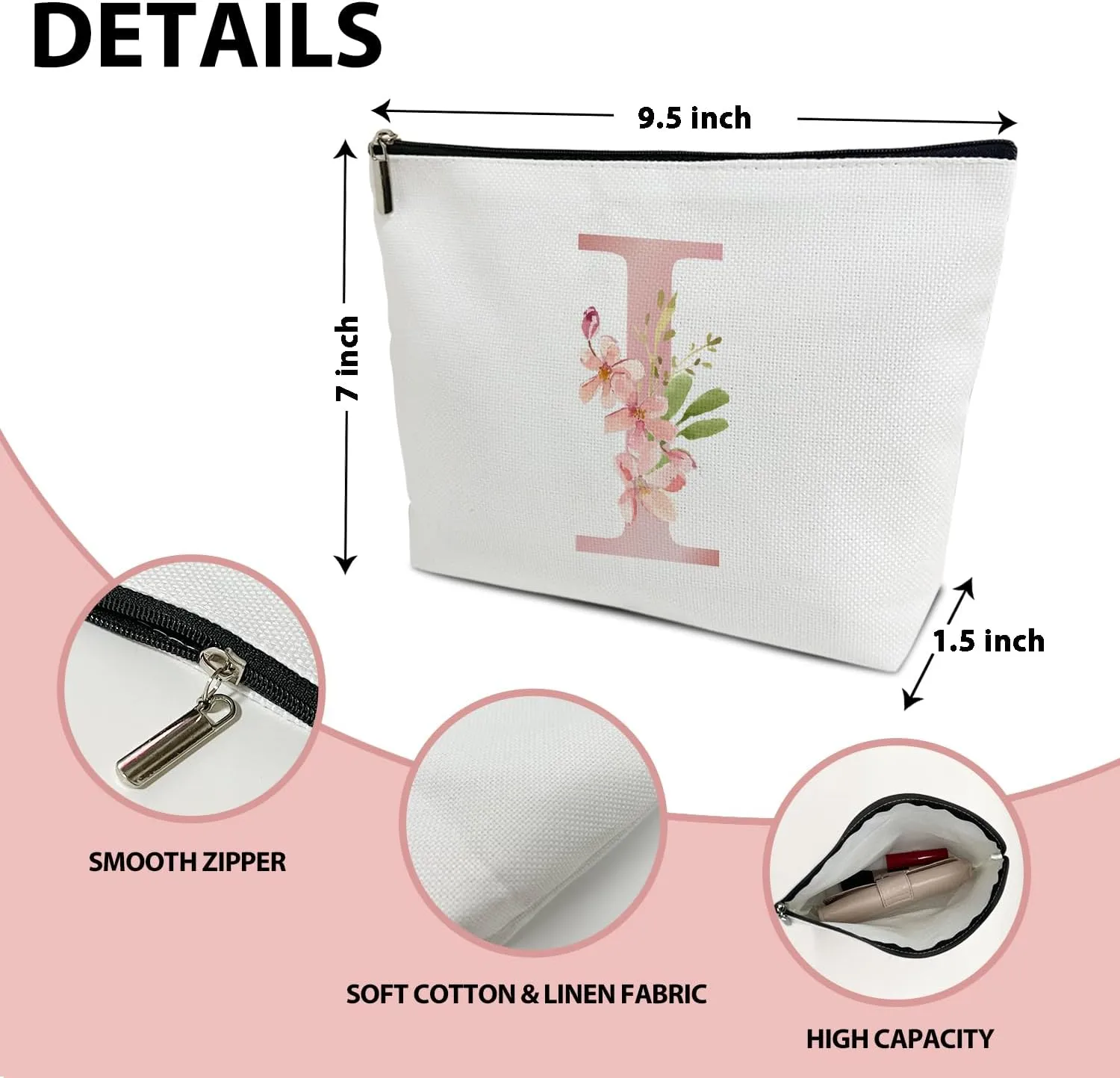 Personalized Initial A-Z Floral Makeup Bag, Gift for Women Sister Mom Friend Daughter, Monogram Travel Organizer Cosmetic Bags with Zipper, Wedding Gift For Bride Bridesmaid Letter Toiletry Bag -I