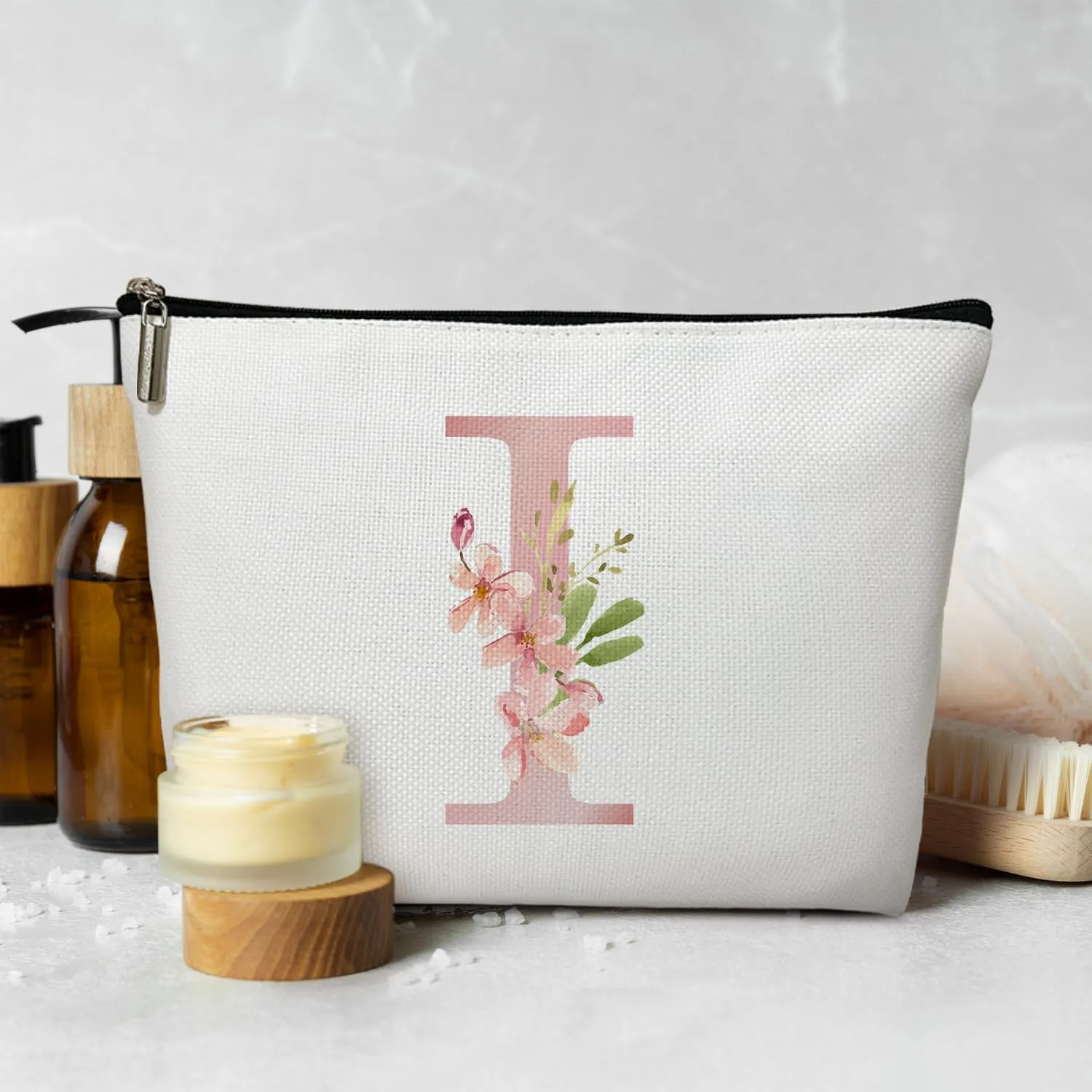 Personalized Initial A-Z Floral Makeup Bag, Gift for Women Sister Mom Friend Daughter, Monogram Travel Organizer Cosmetic Bags with Zipper, Wedding Gift For Bride Bridesmaid Letter Toiletry Bag -I