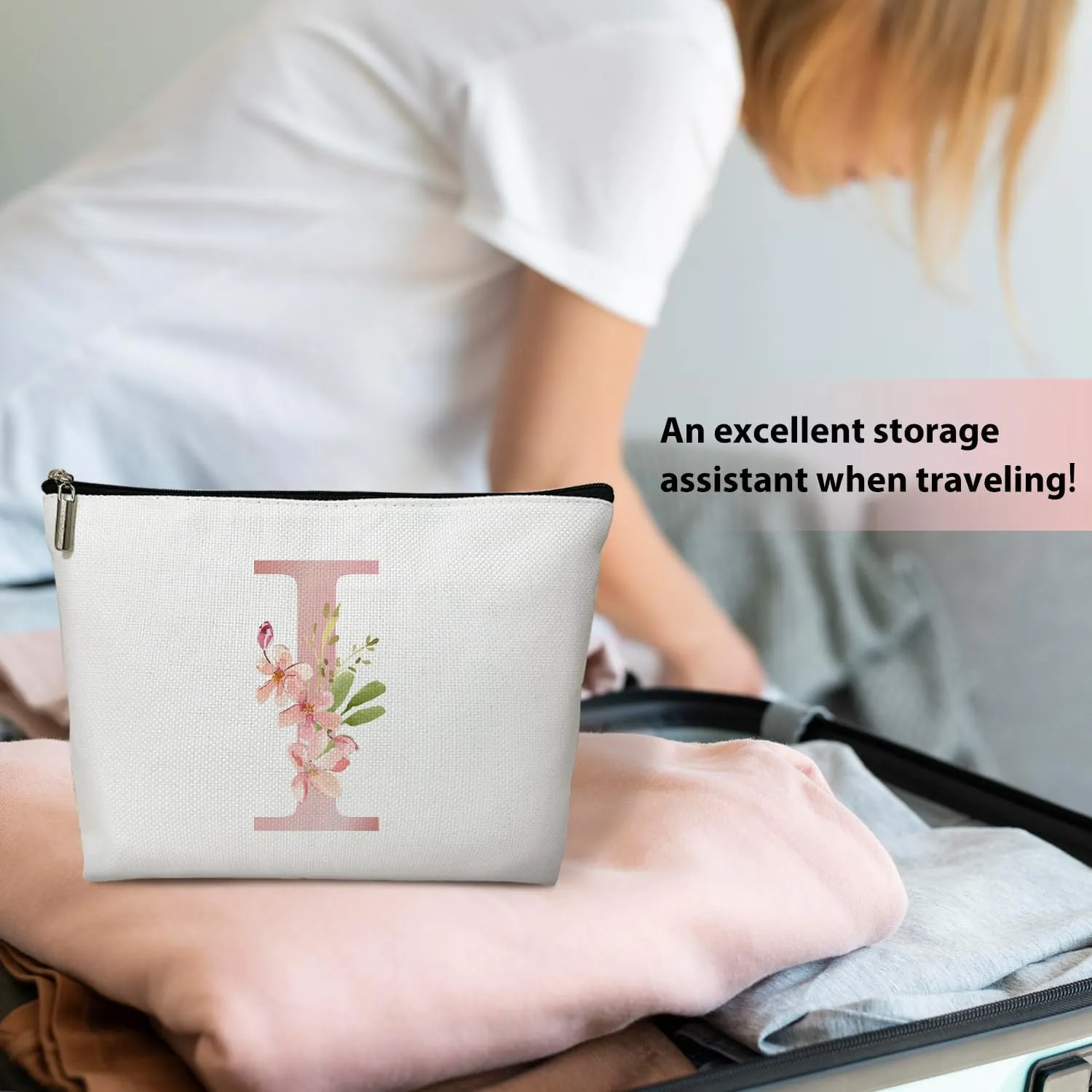 Personalized Initial A-Z Floral Makeup Bag, Gift for Women Sister Mom Friend Daughter, Monogram Travel Organizer Cosmetic Bags with Zipper, Wedding Gift For Bride Bridesmaid Letter Toiletry Bag -I